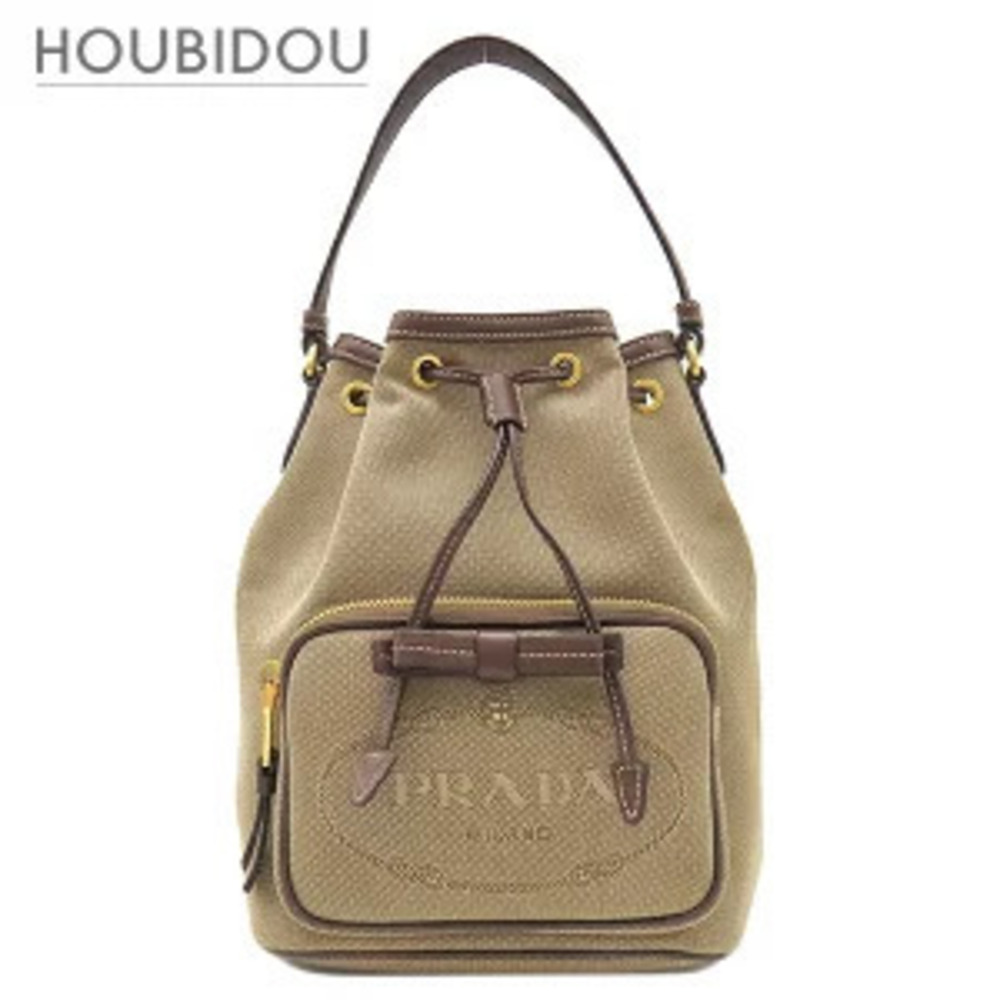 Prada bag jacquard bucket canvas leather Beige Cream brown handbag shoulder